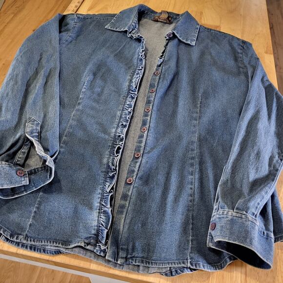 Van Heusen Denim Collared Button Down Cotton Ruffle Detail Medium Stretch - Picture 2 of 8